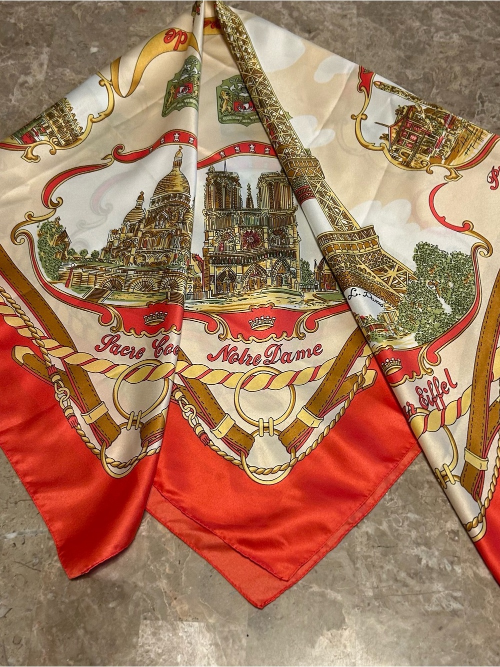 VTG Paris Landmark Silk Scarf with Reddish/Orange Trim  34x34”